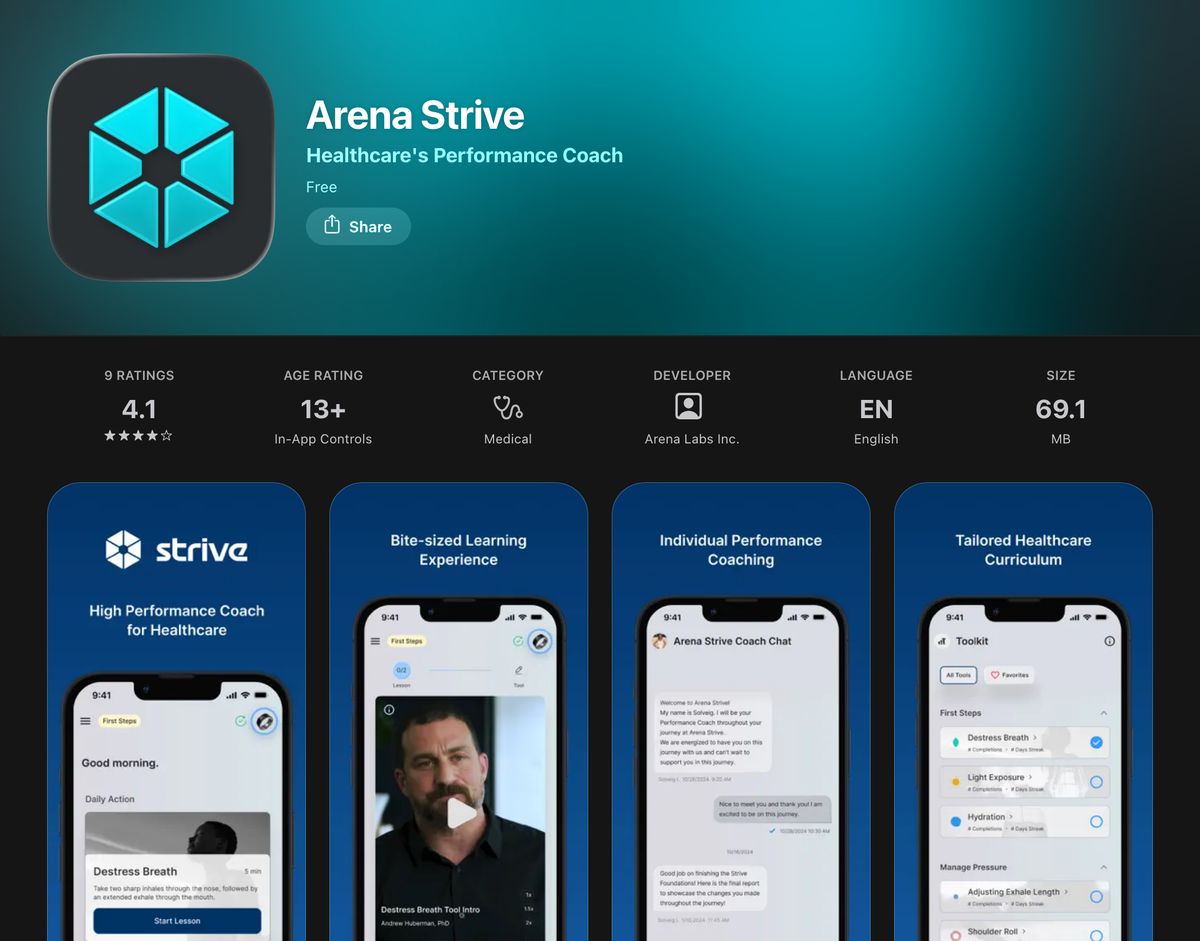 Arena Strive App Store listing — Healthcare's Performance Coach — with app screenshots