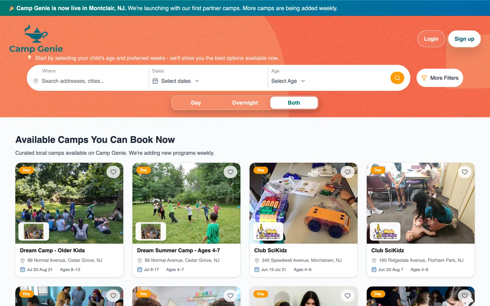 CampGenie home page, live in Montclair, NJ, showing summer camp search for families