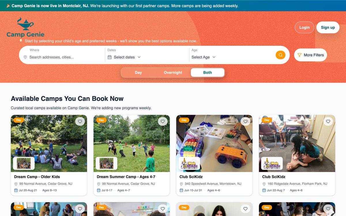 CampGenie home page, live in Montclair, NJ, showing summer camp search for families