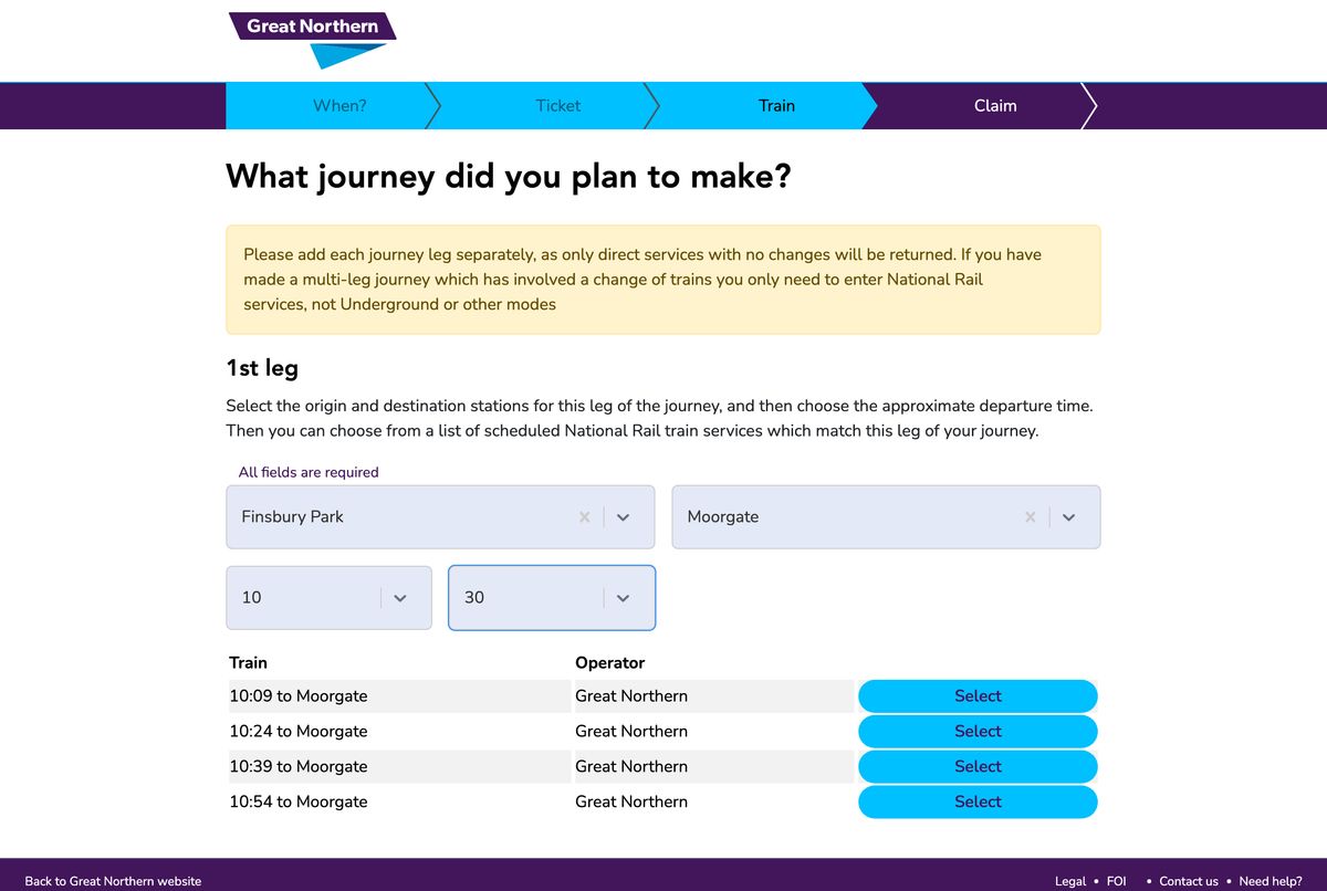 Great Northern Delay Repay claim flow — choosing a delayed train for a Finsbury Park to Moorgate journey