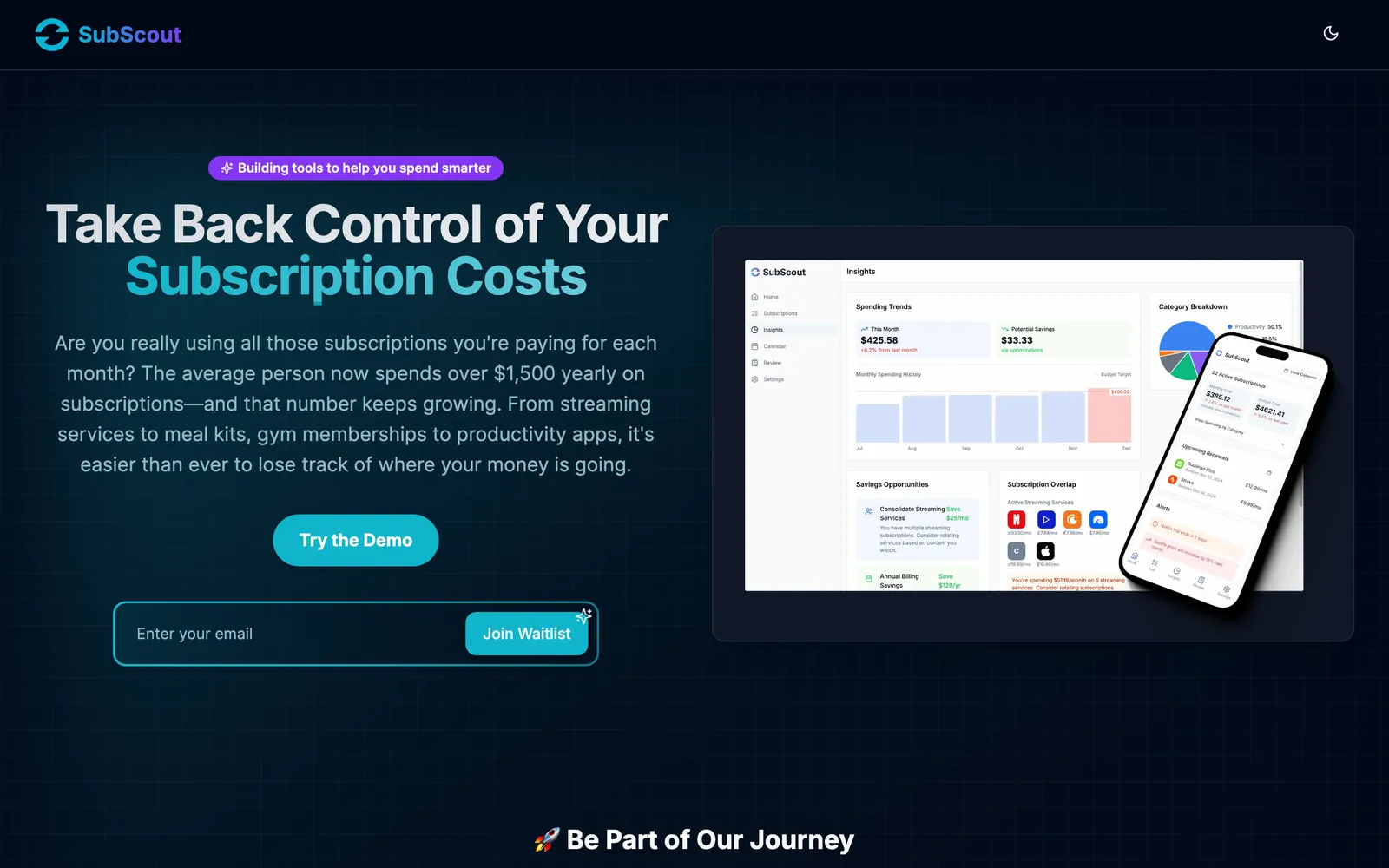 SubScout landing page with subscription dashboard and mobile app mockups