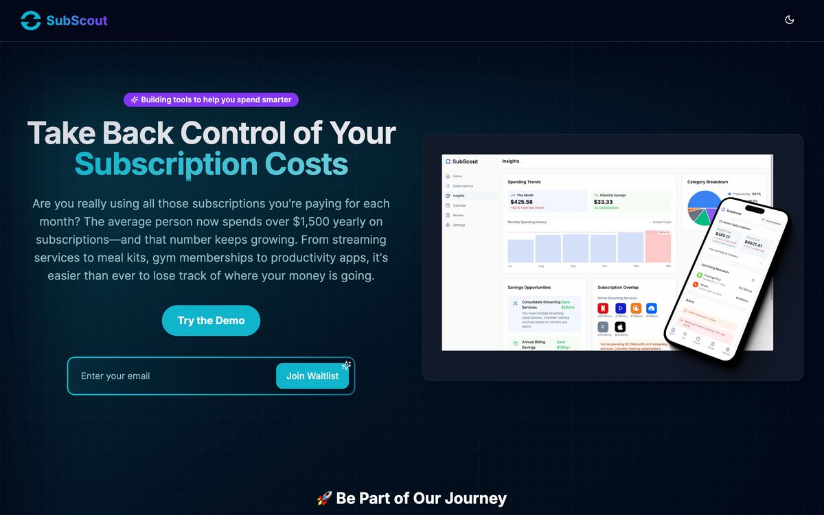 SubScout landing page with subscription dashboard and mobile app mockups